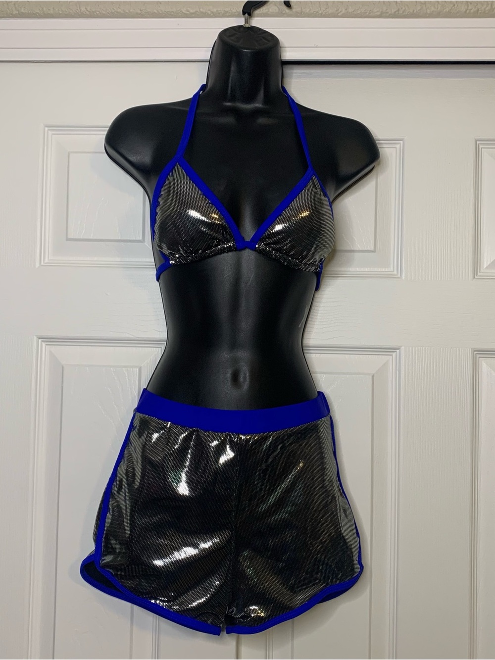 Blue Metallic Disco Bikini Top & Shorts Set